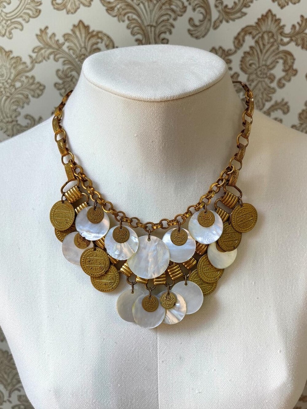 Antique Victorian Book Chain Mother Of Pearl Coin Necklace